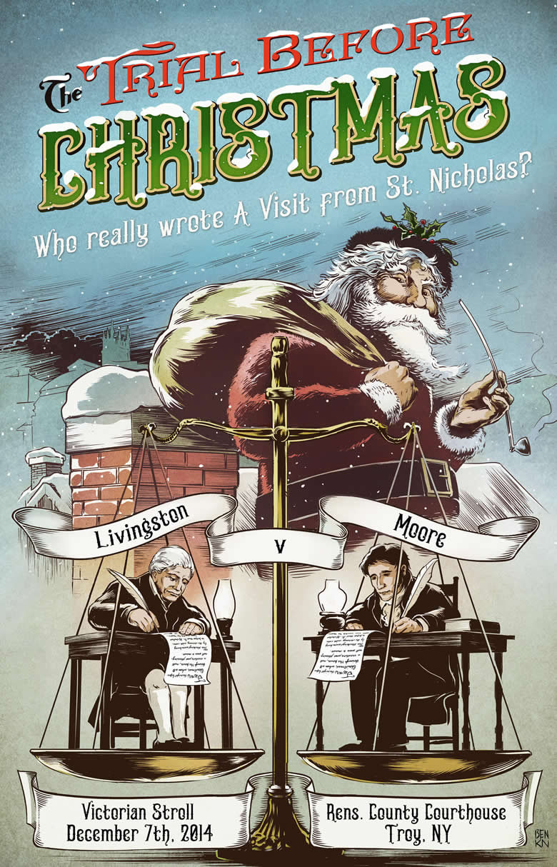 The Trial Before Christmas poster. Santa Claus over scale with two men writing at desks with quill pens. On the left is Clement Clarke More, on the right Henry Livingston Jr.